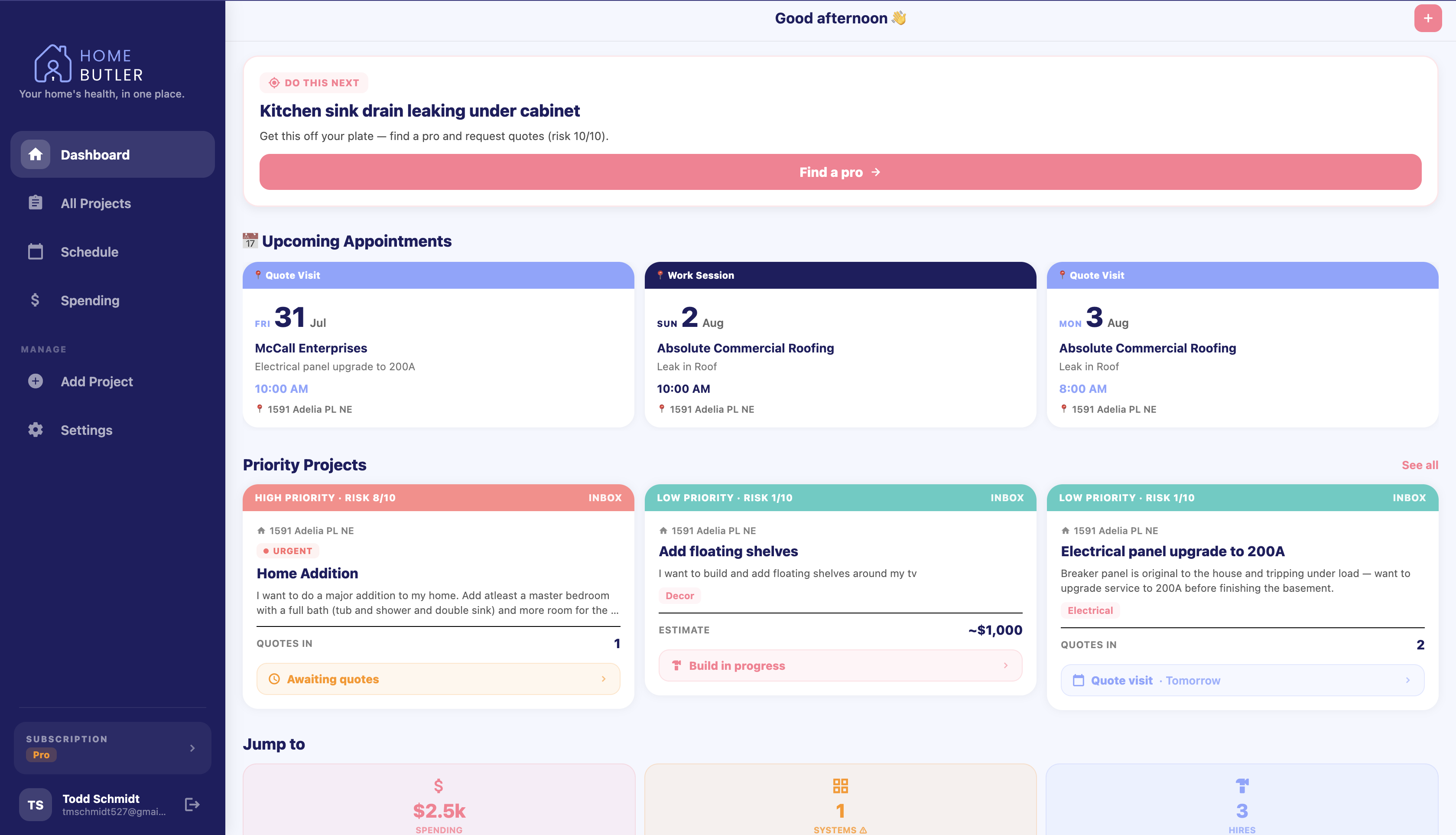 HomeButler dashboard showing priority projects and upcoming appointments